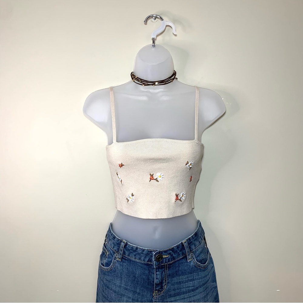 Forever 21 Embroidered Tube Top Tan Knit Spaghetti Straps Bandeau Boho Coquette